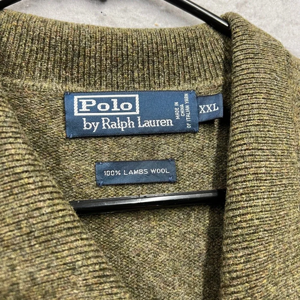 Polo Ralph Lauren Mens XXL Olive Green 100% Lambs Wool Long Sleeve Polo Sweater